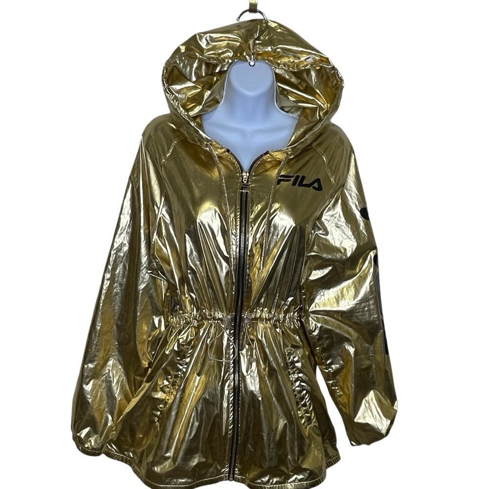 Fila Anorak Metallic Women’s Windbreaker Jacket Gold With Black Letters Size XL